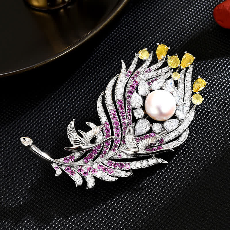 Broche unisexe en forme de plume avec perles et strass roses et jaunes