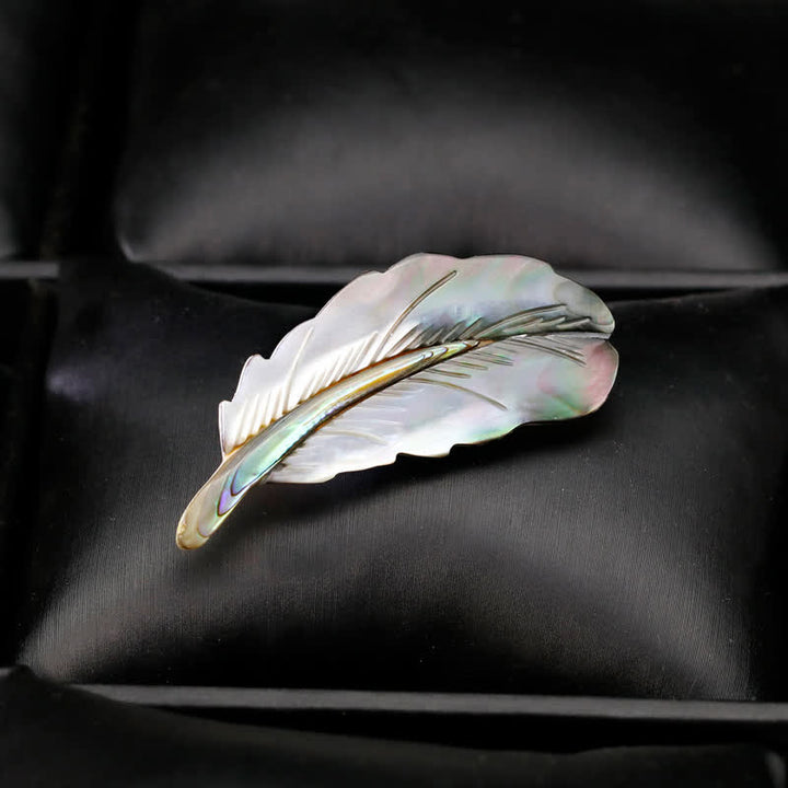 Broche unisexe en forme de plume en coquillage d'ormeau naturel