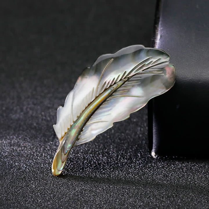 Broche unisexe en forme de plume en coquillage d'ormeau naturel