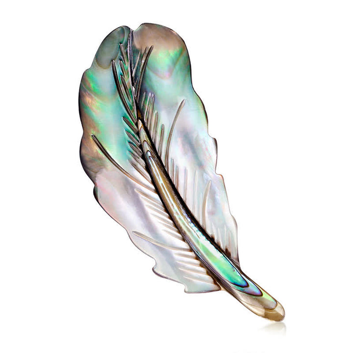 Broche unisexe en forme de plume en coquillage d'ormeau naturel