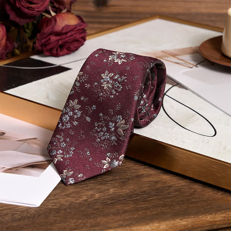 Cravate vintage à motif floral rouge foncé et bleu pour homme