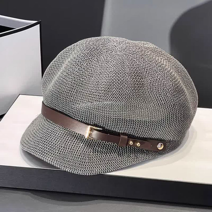 Béret de plage en paille pour femme avec bande décorative en cuir tressé