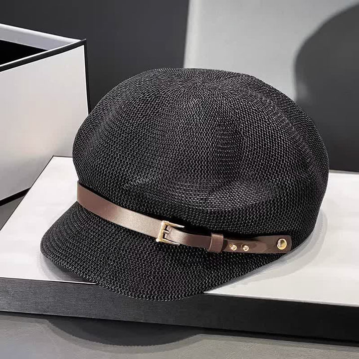 Béret de plage en paille pour femme avec bande décorative en cuir tressé