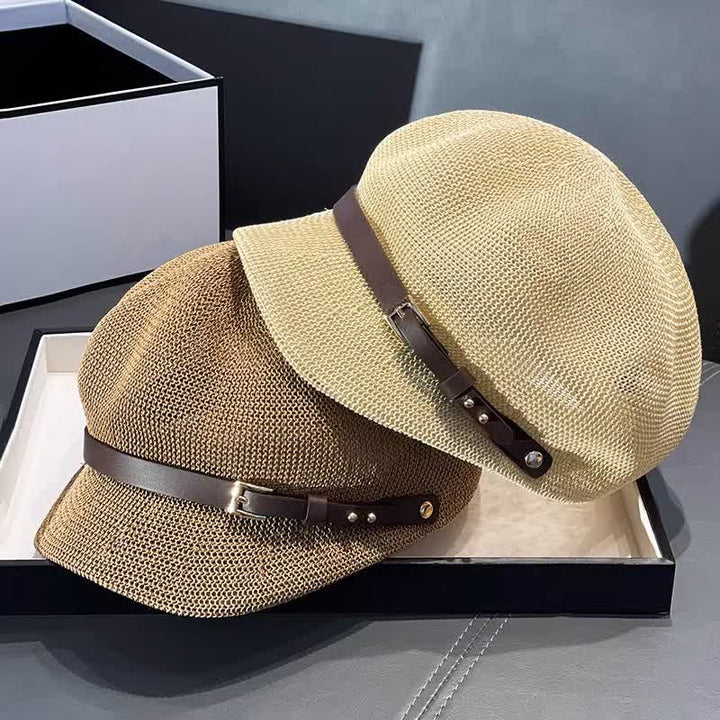 Béret de plage en paille pour femme avec bande décorative en cuir tressé