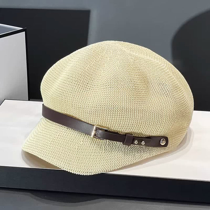 Béret de plage en paille pour femme avec bande décorative en cuir tressé