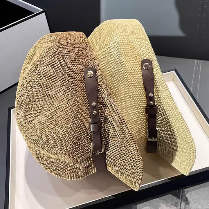 Béret de plage en paille pour femme avec bande décorative en cuir tressé