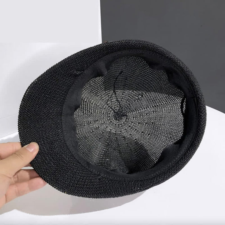 Béret de plage en paille pour femme avec bande décorative en cuir tressé