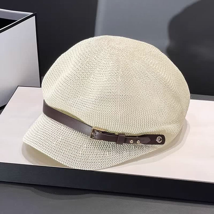 Béret de plage en paille pour femme avec bande décorative en cuir tressé
