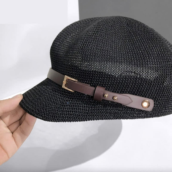 Béret de plage en paille pour femme avec bande décorative en cuir tressé