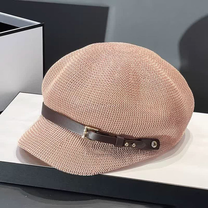 Béret de plage en paille pour femme avec bande décorative en cuir tressé