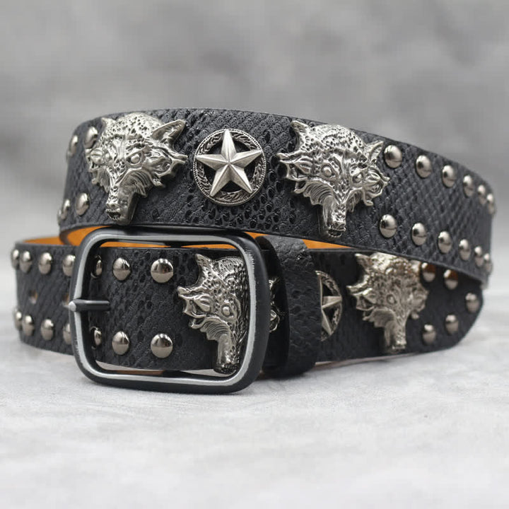 Ceinture en cuir noir à imprimé peau de serpent avec rivets tête de loup en argent antique