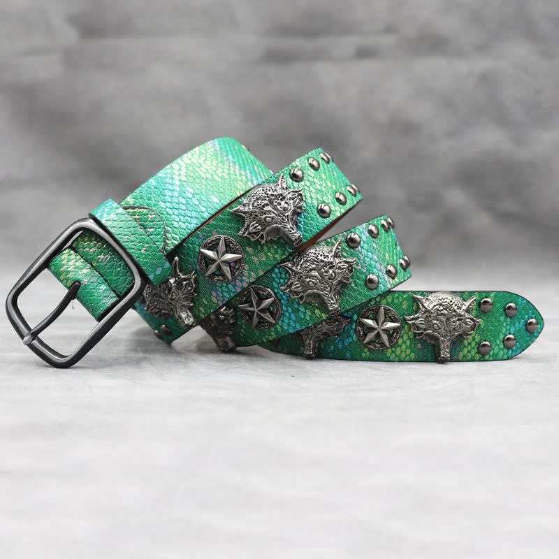 Ceinture en cuir noir à imprimé peau de serpent avec rivets tête de loup en argent antique