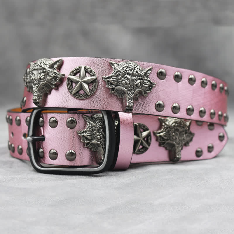Ceinture en cuir noir à imprimé peau de serpent avec rivets tête de loup en argent antique