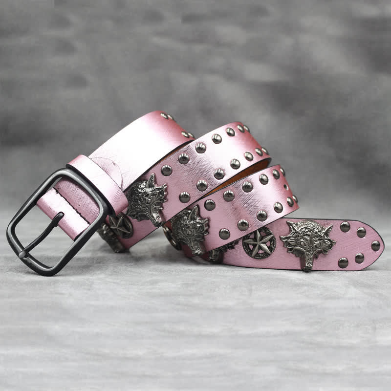Ceinture en cuir noir à imprimé peau de serpent avec rivets tête de loup en argent antique