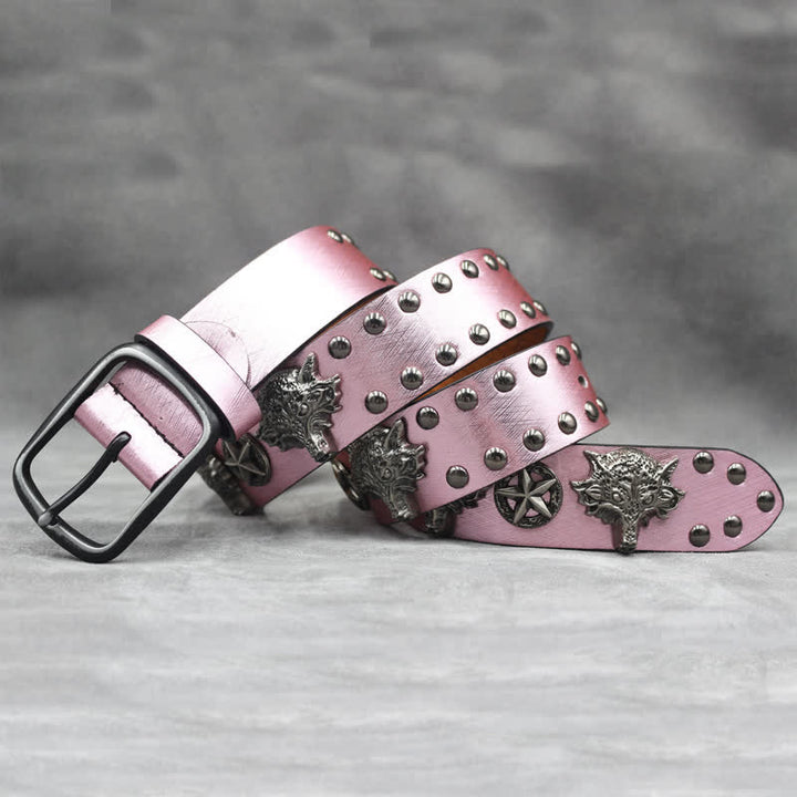 Ceinture en cuir noir à imprimé peau de serpent avec rivets tête de loup en argent antique