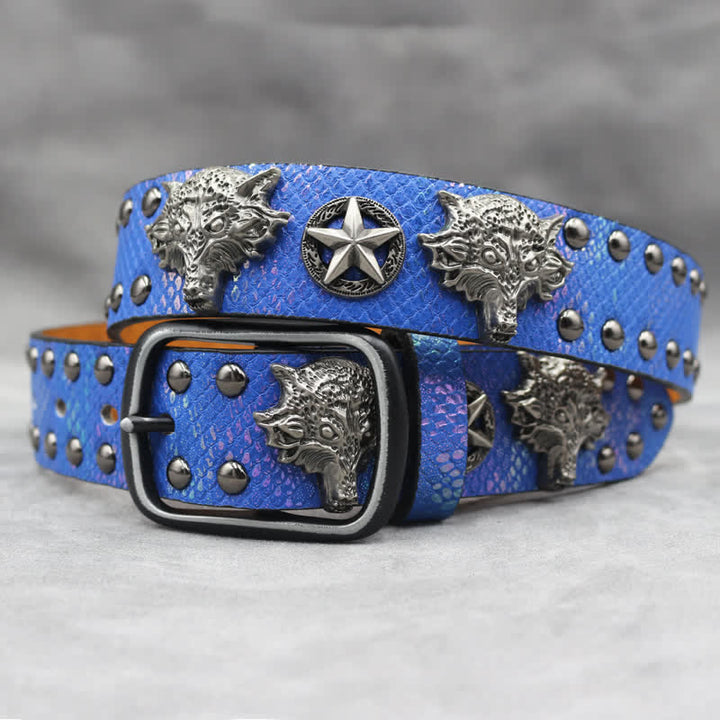 Ceinture en cuir noir à imprimé peau de serpent avec rivets tête de loup en argent antique