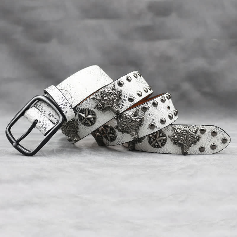 Ceinture en cuir noir à imprimé peau de serpent avec rivets tête de loup en argent antique