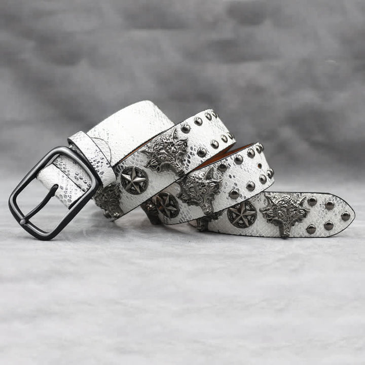 Ceinture en cuir noir à imprimé peau de serpent avec rivets tête de loup en argent antique