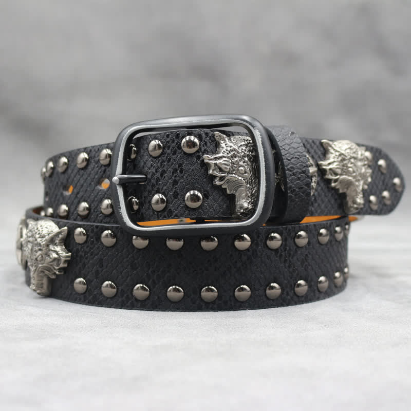 Ceinture en cuir noir à imprimé peau de serpent avec rivets tête de loup en argent antique