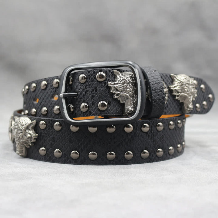Ceinture en cuir noir à imprimé peau de serpent avec rivets tête de loup en argent antique