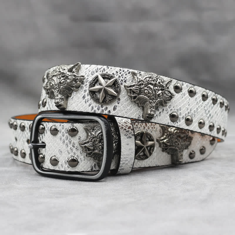 Ceinture en cuir noir à imprimé peau de serpent avec rivets tête de loup en argent antique