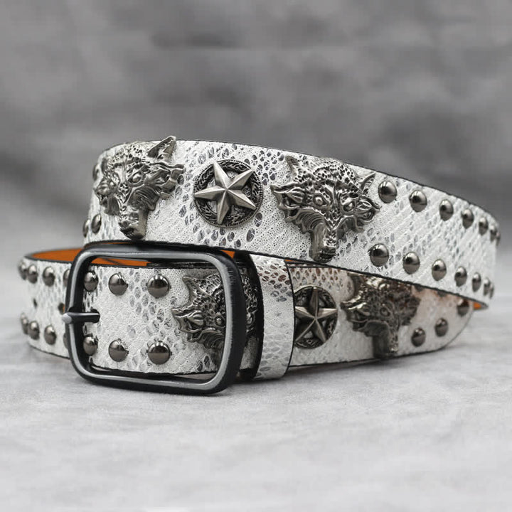 Ceinture en cuir noir à imprimé peau de serpent avec rivets tête de loup en argent antique
