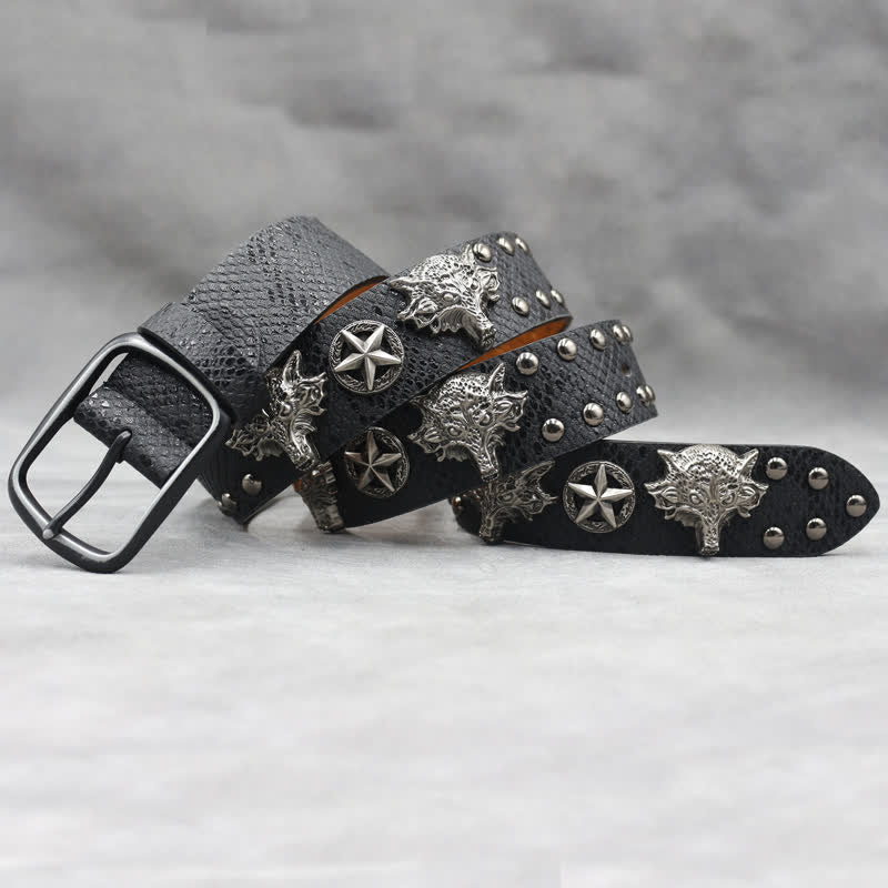 Ceinture en cuir noir à imprimé peau de serpent avec rivets tête de loup en argent antique