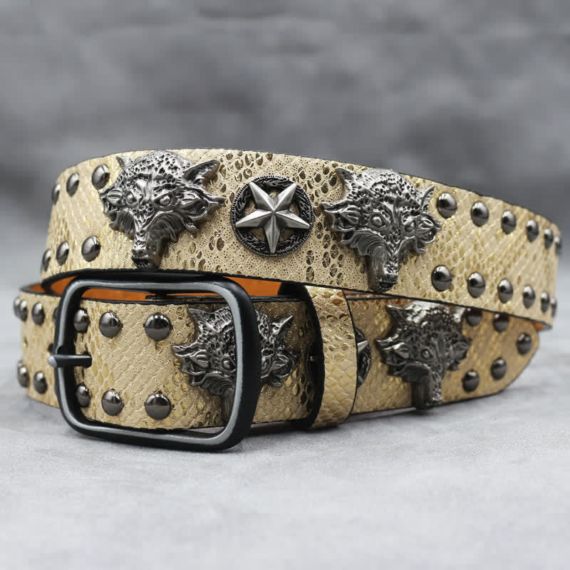 Ceinture en cuir noir à imprimé peau de serpent avec rivets tête de loup en argent antique