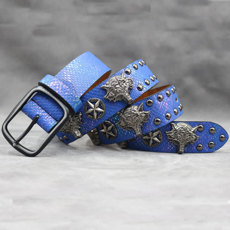 Ceinture en cuir noir à imprimé peau de serpent avec rivets tête de loup en argent antique