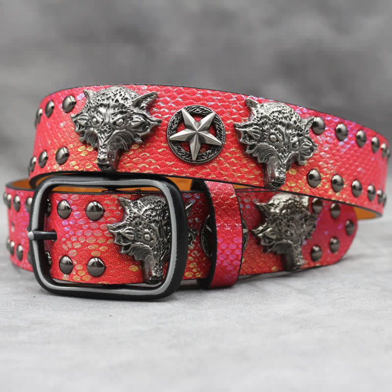Ceinture en cuir noir à imprimé peau de serpent avec rivets tête de loup en argent antique