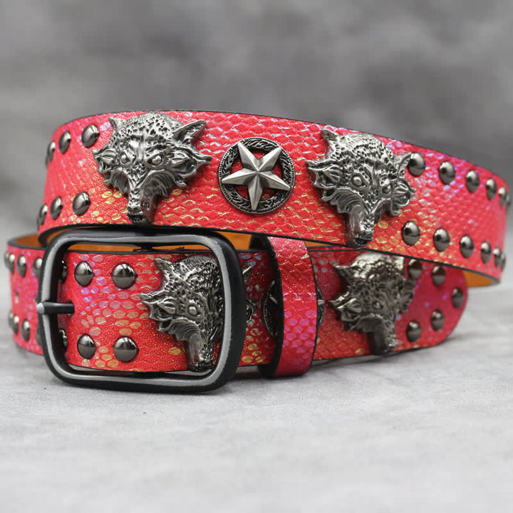 Ceinture en cuir noir à imprimé peau de serpent avec rivets tête de loup en argent antique