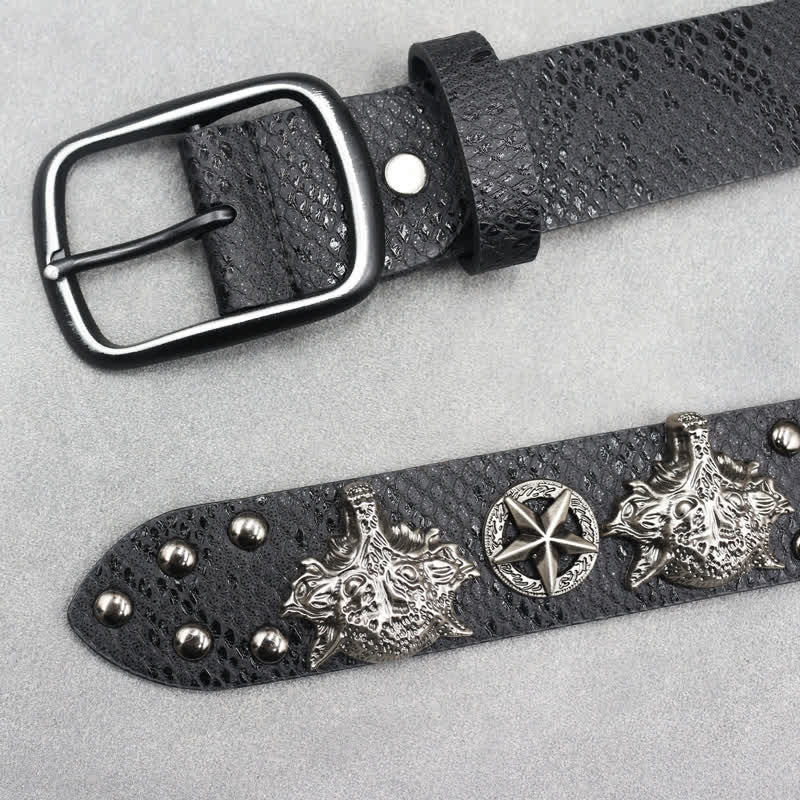 Ceinture en cuir noir à imprimé peau de serpent avec rivets tête de loup en argent antique