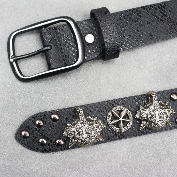 Ceinture en cuir noir à imprimé peau de serpent avec rivets tête de loup en argent antique