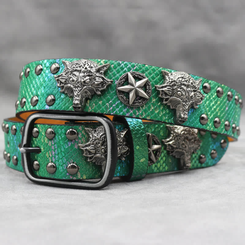 Ceinture en cuir noir à imprimé peau de serpent avec rivets tête de loup en argent antique