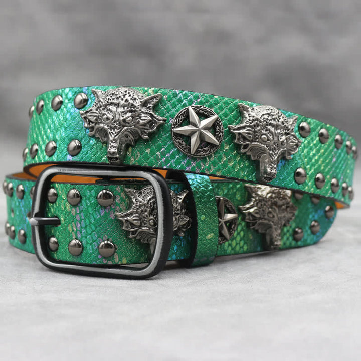 Ceinture en cuir noir à imprimé peau de serpent avec rivets tête de loup en argent antique