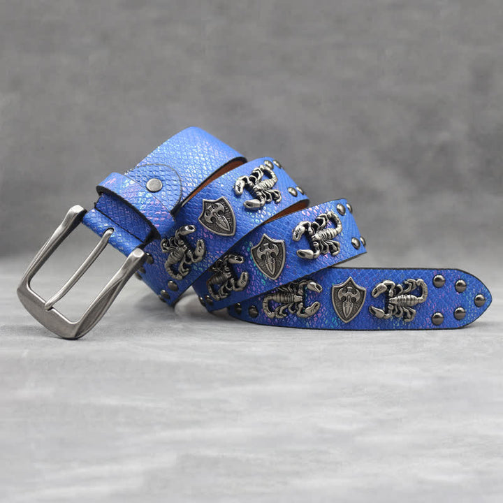 Ceinture en cuir noir à imprimé peau de serpent et rivets scorpion argentés antiques