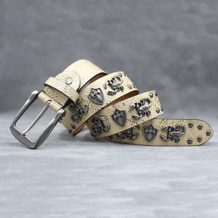 Ceinture en cuir noir à imprimé peau de serpent et rivets scorpion argentés antiques