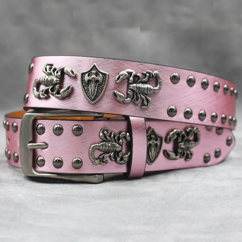 Ceinture en cuir noir à imprimé peau de serpent et rivets scorpion argentés antiques
