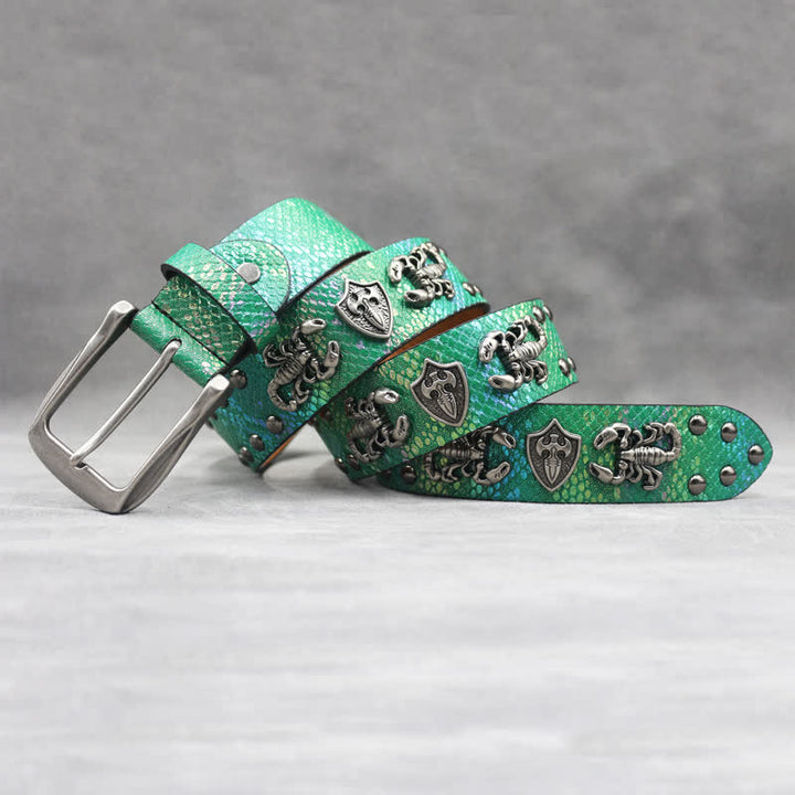 Ceinture en cuir noir à imprimé peau de serpent et rivets scorpion argentés antiques