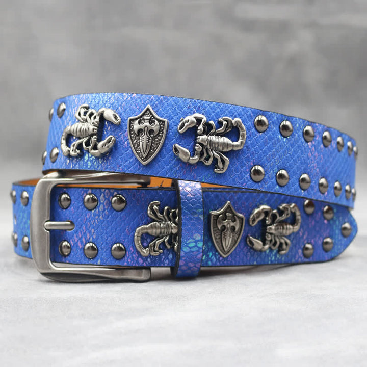 Ceinture en cuir noir à imprimé peau de serpent et rivets scorpion argentés antiques