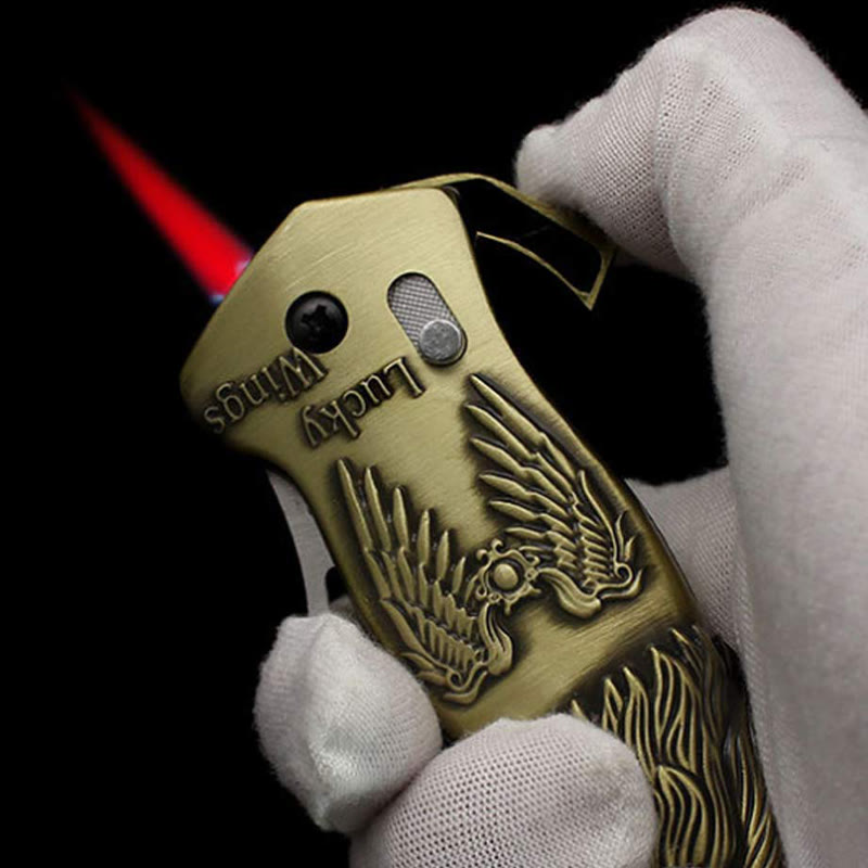 Briquet à butane rechargeable avec couteau pliable en métal et tête d'aigle