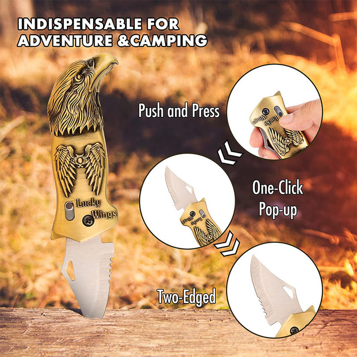Briquet à butane rechargeable avec couteau pliable en métal et tête d'aigle