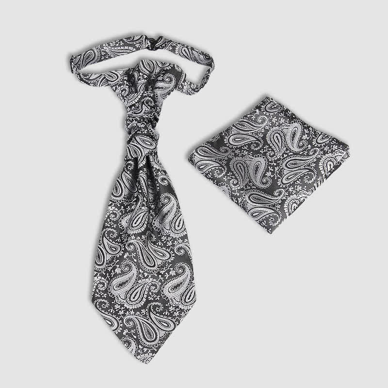 Lot de 2 cravates pour homme pré-nouées à motif cachemire et nœud froissé, avec pochette assortie. - Gris - image 0