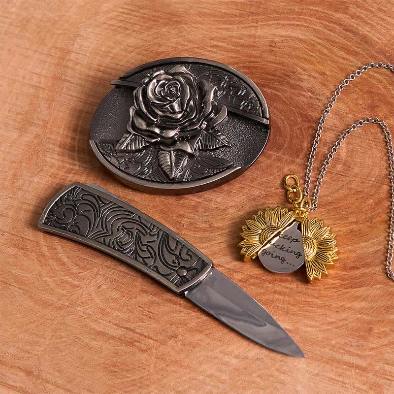 Ensemble de colliers et boucles de ceinture en argent avec couteau caché et rose à faire soi-même