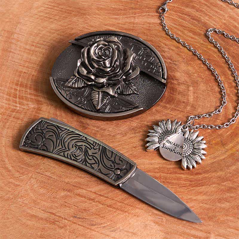 Ensemble de colliers et boucles de ceinture en argent avec couteau caché et rose à faire soi-même