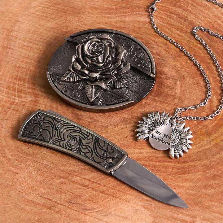 Ensemble de colliers et boucles de ceinture en argent avec couteau caché et rose à faire soi-même