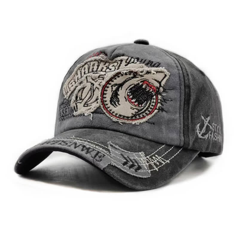 Casquette de baseball délavée à bords effilochés et brodés de requins - Noir - Réglable (21 5/8"-23 5/8") - image 3