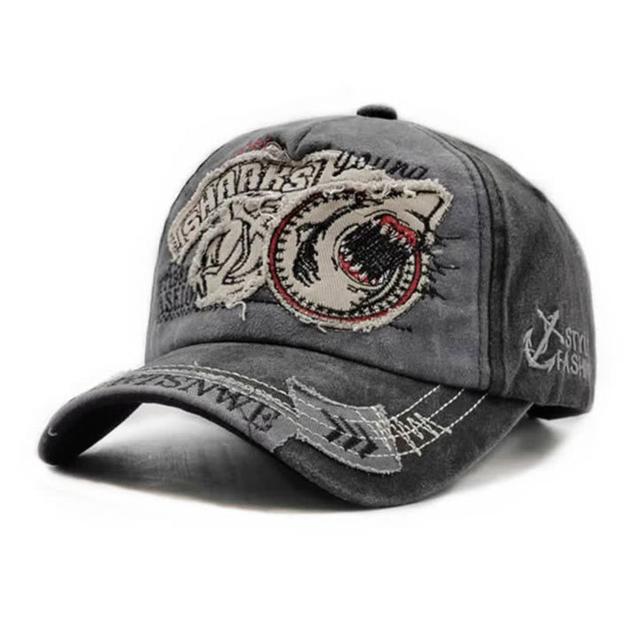 Casquette de baseball délavée à bords effilochés et brodés de requins - Noir - Réglable (21 5/8"-23 5/8") - image 3