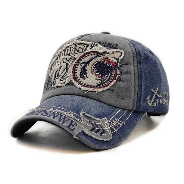 Casquette de baseball délavée à bords effilochés et brodés de requins - Marine - Réglable (21 5/8"-23 5/8") - image 6