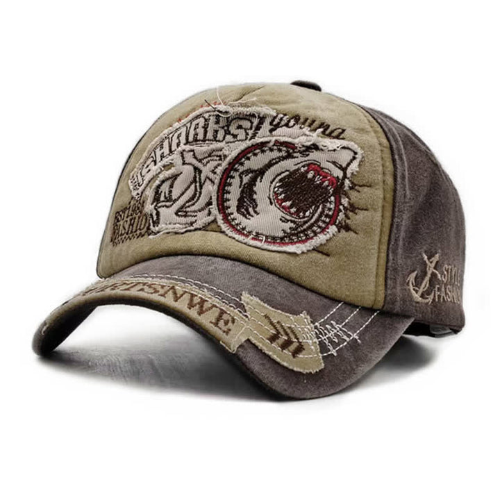 Casquette de baseball délavée à bords effilochés et brodés de requins - Kaki - Réglable (21 5/8"-23 5/8") - image 9